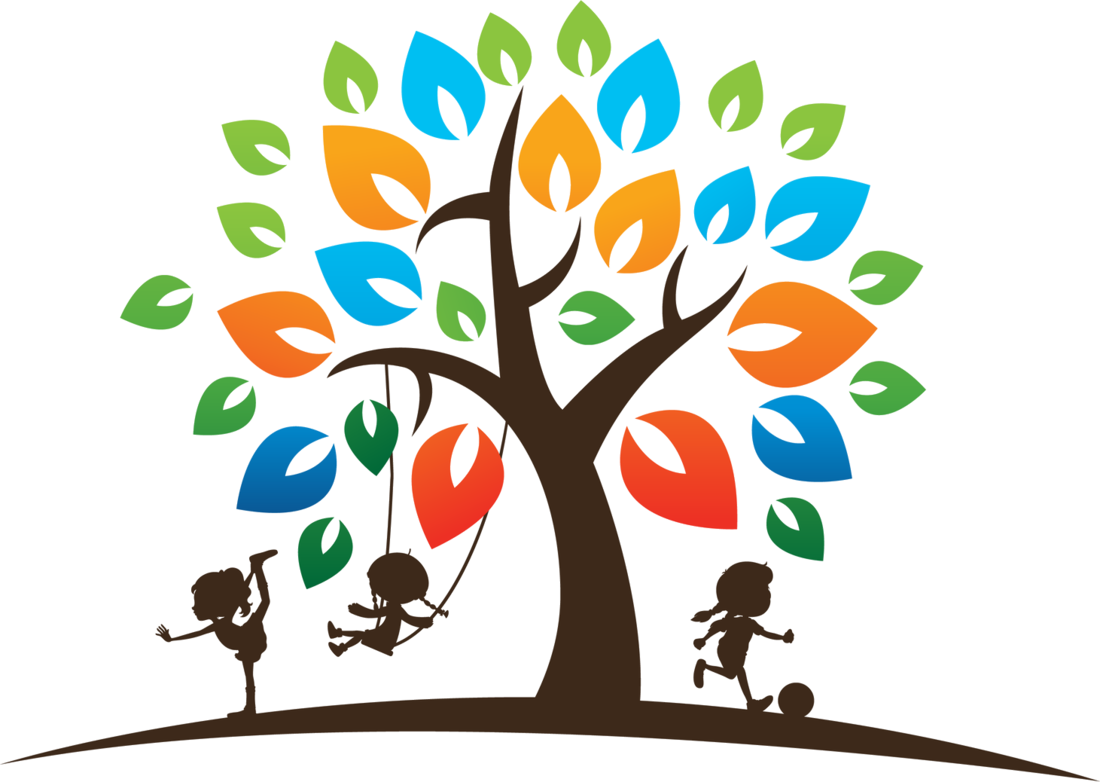 The WA Bright Kids tree: children playing, swinging and kicking a ball beneath a tree with colourful leaves
